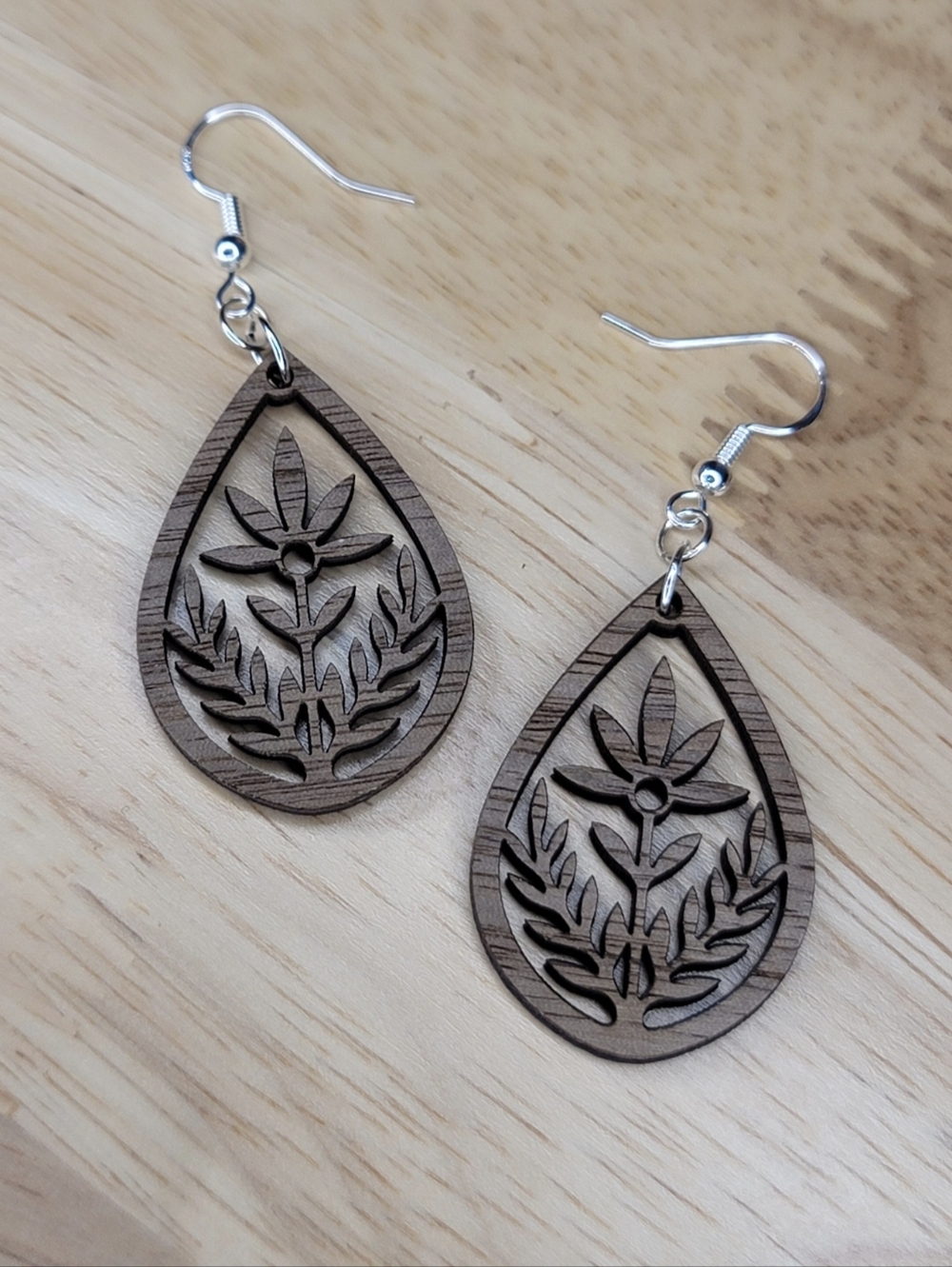 Delicate Brown Teardrop Wood Floral Earrings - Women Jewelry